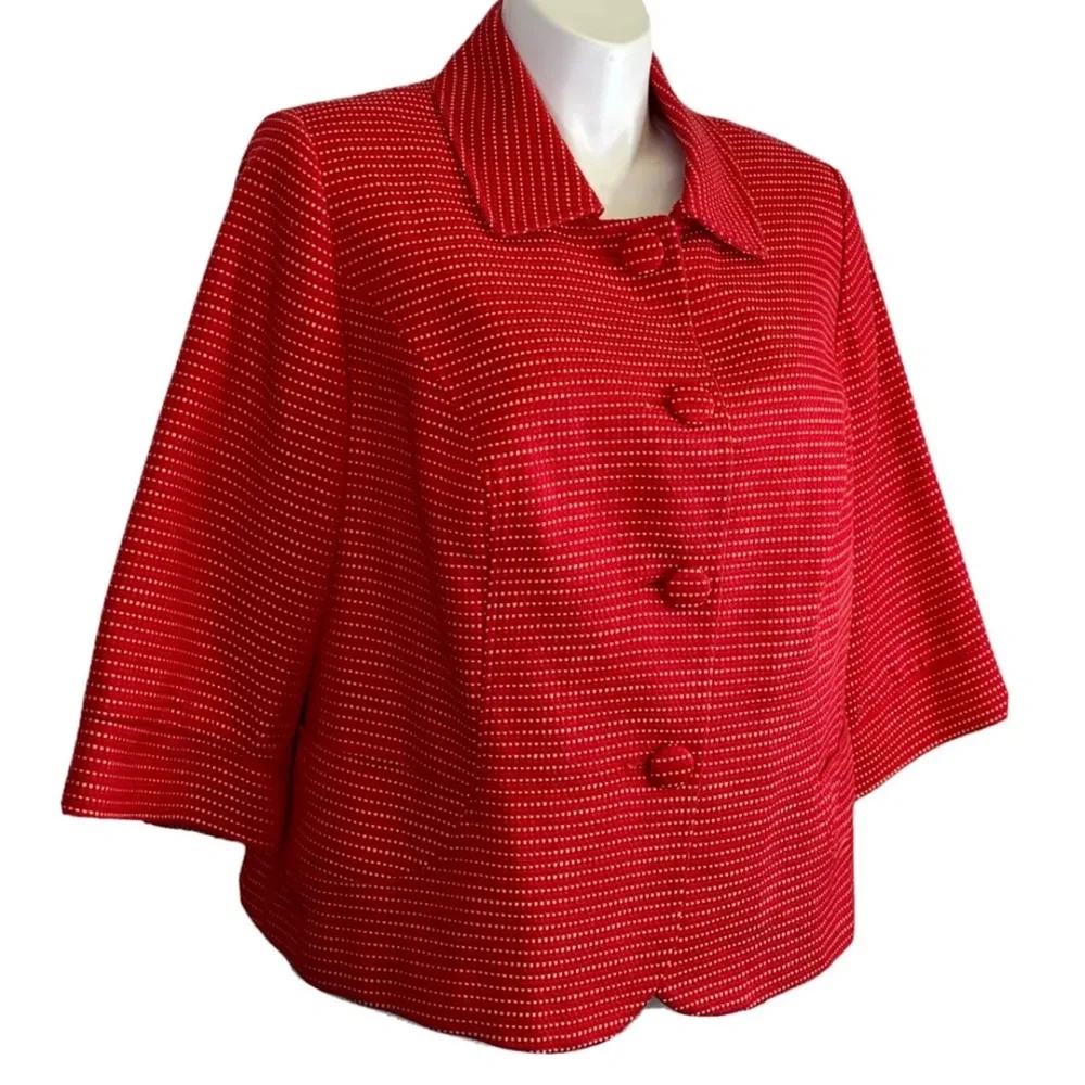 Lane Bryant Red Blazer Jacket Tan Polka Dot Cotton Ruffled 3/4 Sleeves Sz 14